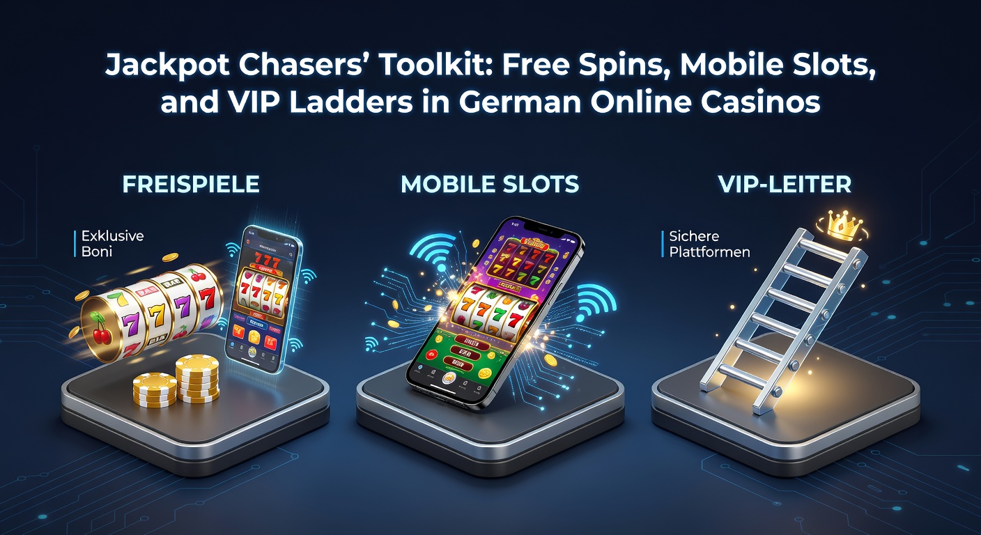 VIP-Leiter mit goldenen Stufen, Smartphones mit Slots und explodierenden Free-Spins-Symbolen auf einem Casino-Hintergrund